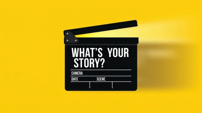 Cinematic clapperboard featuring text whats your story on yellow background for filmmaking and storytelling.