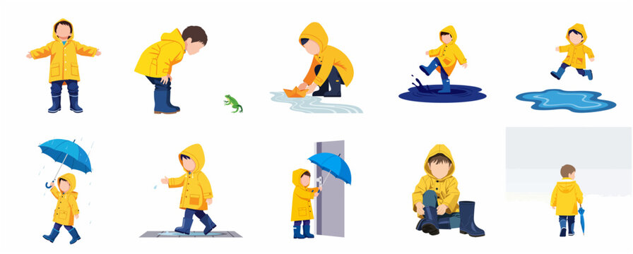 Set of flat vector illustrations of a little boy in a yellow raincoat playing in the rain and puddles