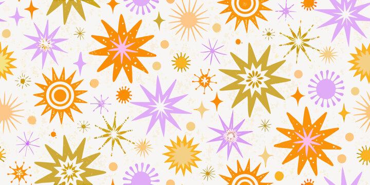 Retro style firework pattern with starbursts and sparkles colorful vector illustration
