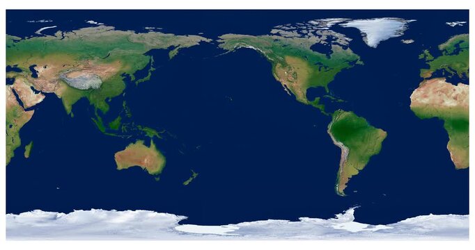 World Map. Equirectangular projection animation with longitude rotation. Detailed physical map of Earth. High-quality educational visual.