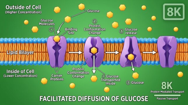 Facilitated Diffusion of Glucose Through Cell Membrane in 8K Scientific Illustration