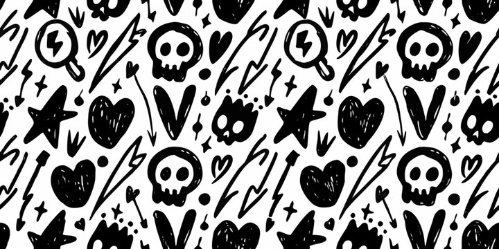 Skull heart and lightning bolt pattern black and white vector illustration