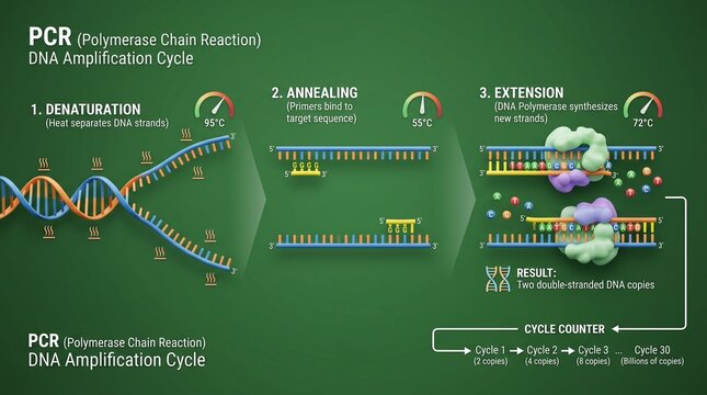 Polymerase Chain Reaction PCR Process Diagram with DNA Amplification Steps on Green Background