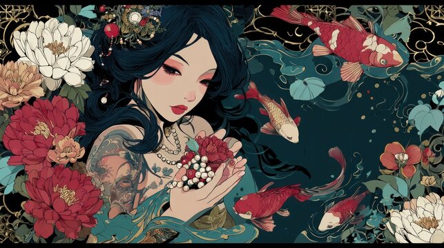 A captivating illustration featuring a woman surrounded by vibrant flowers, koi fish, and flowing water, creating a serene and enchanting mood.