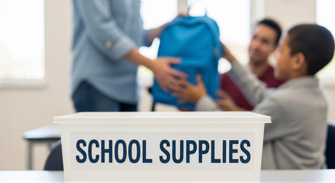 A volunteer handing a blue backpack to a young boy in a classroom setting with a school supplies donation bin in the foreground