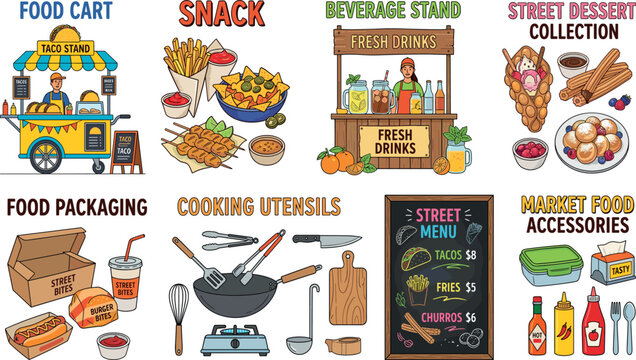 Colorful Street Food Market Illustration with Carts, Snacks, Desserts, Packaging, and Cooking Utensils