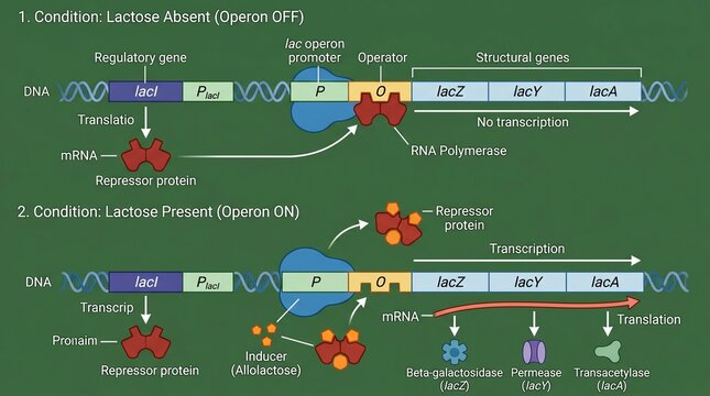 Digital genetic operon model diagram on green background with regulatory elements and gene expression visualization