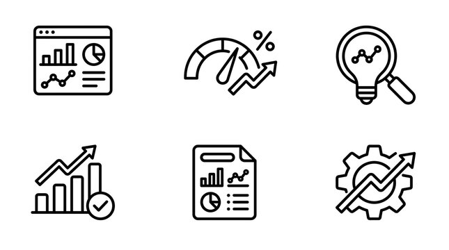 A collection of six black and white line icons representing business and finance concepts