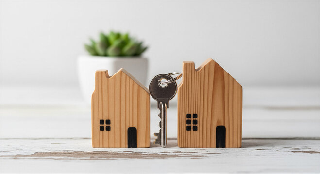Wooden house models with a key between them on a white wooden table concept for real estate, property investment, home buying, and mortgage