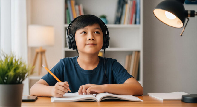 Asian boy wearing headphones studying at home desk with a notebook and pencil