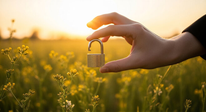 Hand holding an open padlock in a field of yellow flowers at sunset, symbolizing freedom, new beginnings, and unlocking potential