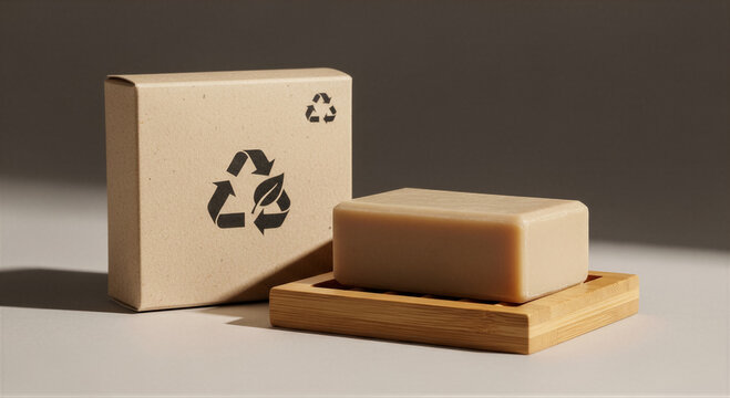 Ecofriendly soap bar with a cardboard packaging box featuring a recycling symbol, placed on a wooden soap dish, sustainable concept
