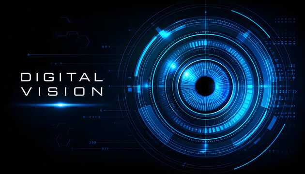 Futuristic biometric eye iris scanner on a dark tech background. Abstract digital vision cyber security interface banner. Blue glowing electronic circuit technology vector illustration.