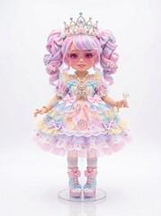 Fototapeta premium Kawaii pastel doll, adorable princess doll with rainbow hair and crown, cute fashion doll in a frilly dress, sweet collectible toy for children's themes isolated on White Background