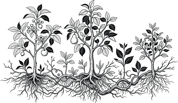 Vintage botanical engraving illustration of fruit trees with visible root systems, pear and apple trees, underground growth, and saplings for agriculture or nature concepts