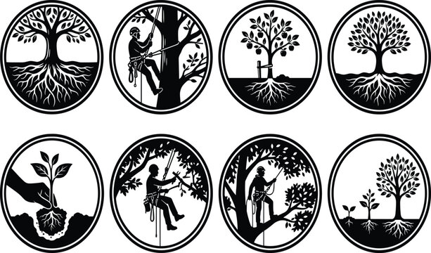Set of black and white circular icons depicting trees with roots, arborists climbing, and planting saplings for forestry and environmental concepts