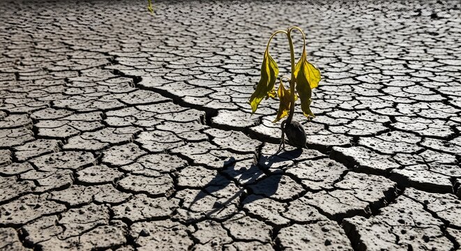 A lone plant struggles to survive on parched cracked earth in a desolate landscape
