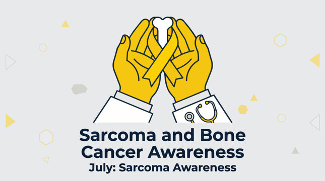 Yellow hands holding white ribbon for Sarcoma and Bone Cancer Awareness in informative illustration for health campaign