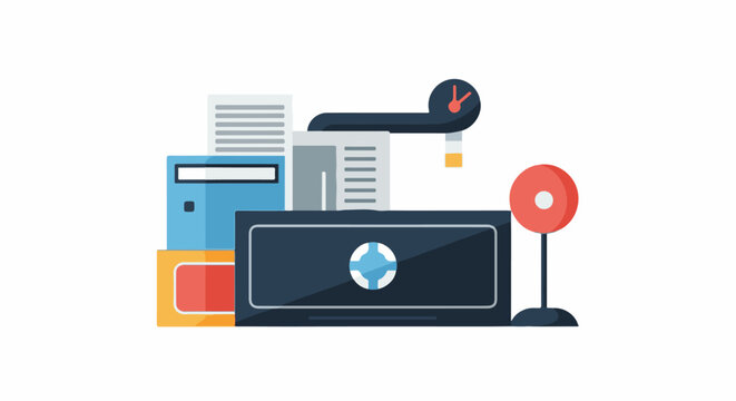 A graphic illustration of a machine with various office supplies