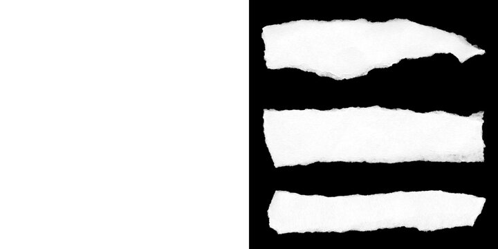 Set of six isolated white torn paper strips with ripped uneven edges on dark background and transparent background layer.