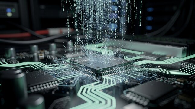 Digital Data Flowing Over Computer Circuit Board