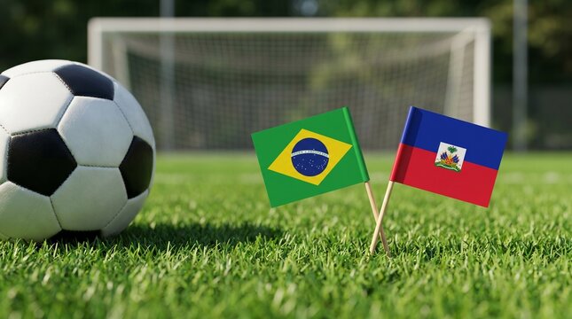 Brazil and Haiti National Flags with Close Up Soccer Ball on Grass Field for Football Tournament Championship Background