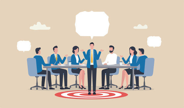 Awkward moment, embarrassment conversation work, moment concept, awkward confused red big bullseye too target businessman team meeting helpless speech bubble