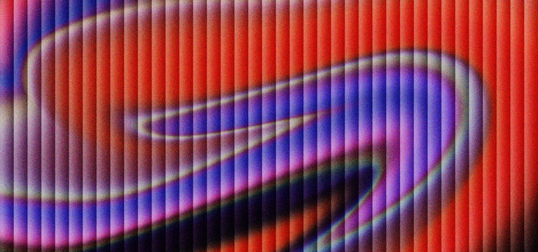Abstract holographic background with vertical glass ribs and colorful light distortion. Vibrant red and purple wave pattern on ribbed texture. Modern psychedelic gradient for digital design.