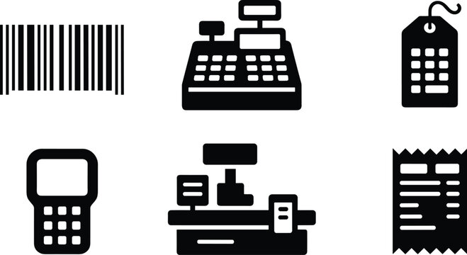 Business and retail icon set featuring barcode register price tag scanning machine checkout and paper receipt.