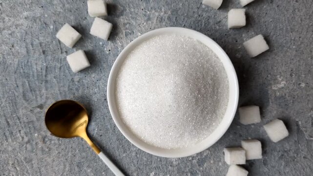 Sweet white sugar as a source of glucose. White sugar as a food background for your design