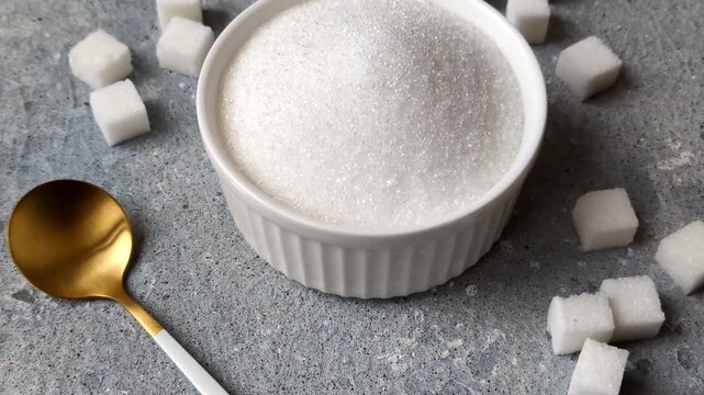 Sweet white sugar as a source of glucose. White sugar as a food background for your design