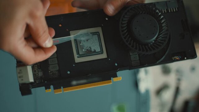 Technician applying thermal paste to graphics card gpu