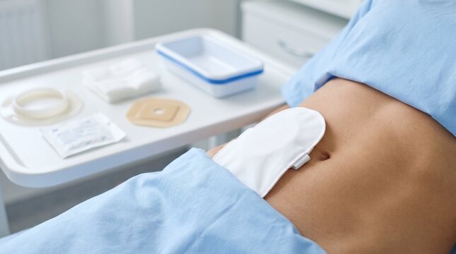 Close-up of an ostomy pouch on a patient's abdomen with medical supplies on a tray, clinical concept of stoma care and recovery after abdominal surgery.