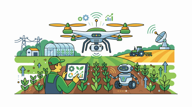 A worker uses a tablet to monitor a drone flying over a farm with a robot