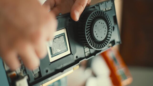 Technician applying thermal paste on gpu processor
