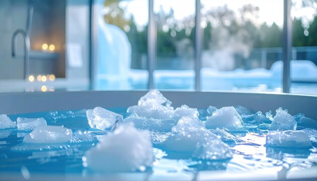 Refreshing ice cubes floating in a cold therapy pool.