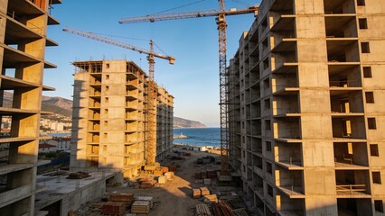 Naklejka premium Aerial view of a developing residential neighborhood in Novorossiysk, Russia, with high-rise apartment blocks under construction and towering cranes.