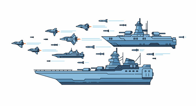 A pixel art illustration of a naval fleet with warships and fighter jets