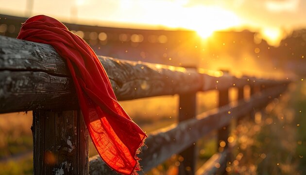 Authentic red neckerchief on a rustic ranch fence under beautiful golden hour sun for San Fermin