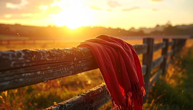 Traditional red San Fermin bandana with fringe resting on an old wood fence in the peaceful countryside