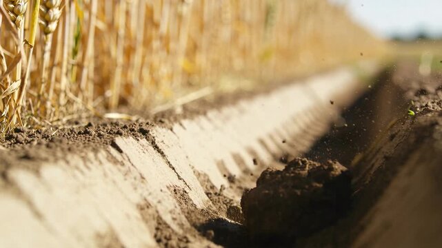 Dislodging soil clod tumbling along fresh furrow beside wheat, triggered by passing tractor
