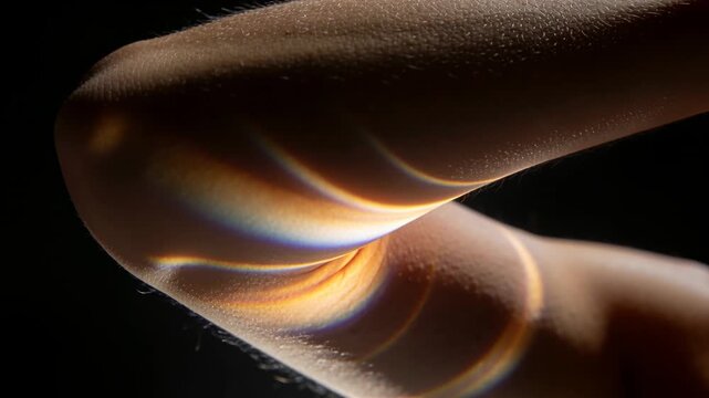 Rotating bare arm with white strap in studio, elbow bending, prism casting rainbow arcs across skin