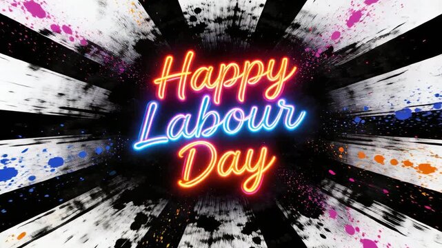 Animating neon Happy Labour Day pulsing center as frames cueing ink splatters and rays forming card