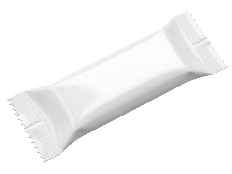 Blank white candy bar wrapper with clean isolated studio lighting against a white background for product design