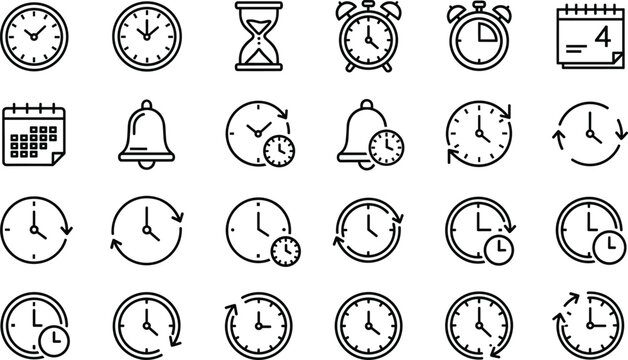 Clock and time icon set featuring stopwatches, alarms, calendars, hourglasses, and wall clocks for productivity, schedule, and deadline design projects