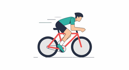 Obraz premium A man in a green shirt rides a red bike quickly