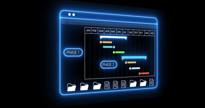 Person using a laptop to manage project phases and tasks on a digital Gantt chart, representing effective project planning and motion graphics of digital chart concept