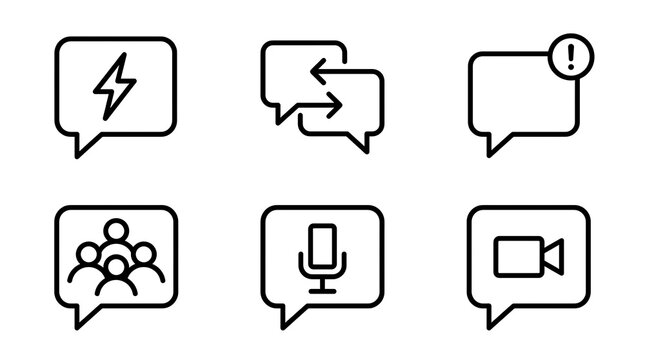 simplistic icons representing communication methods, including text alerts, chat templates, video call, voice call, group messaging, and notification signals.