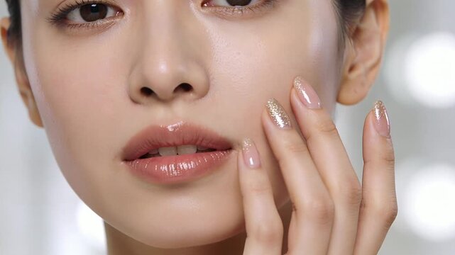 Camera rolling Asian model touching right cheek in studio closeup, showing nails and glossy lips