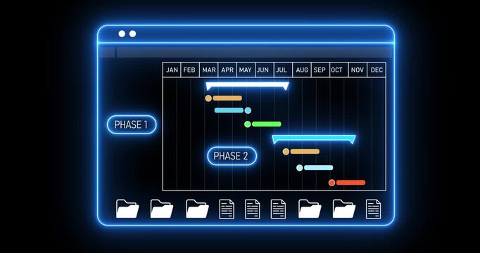Person using a laptop to manage project phases and tasks on a digital Gantt chart, representing effective project planning and motion graphics of digital chart concept